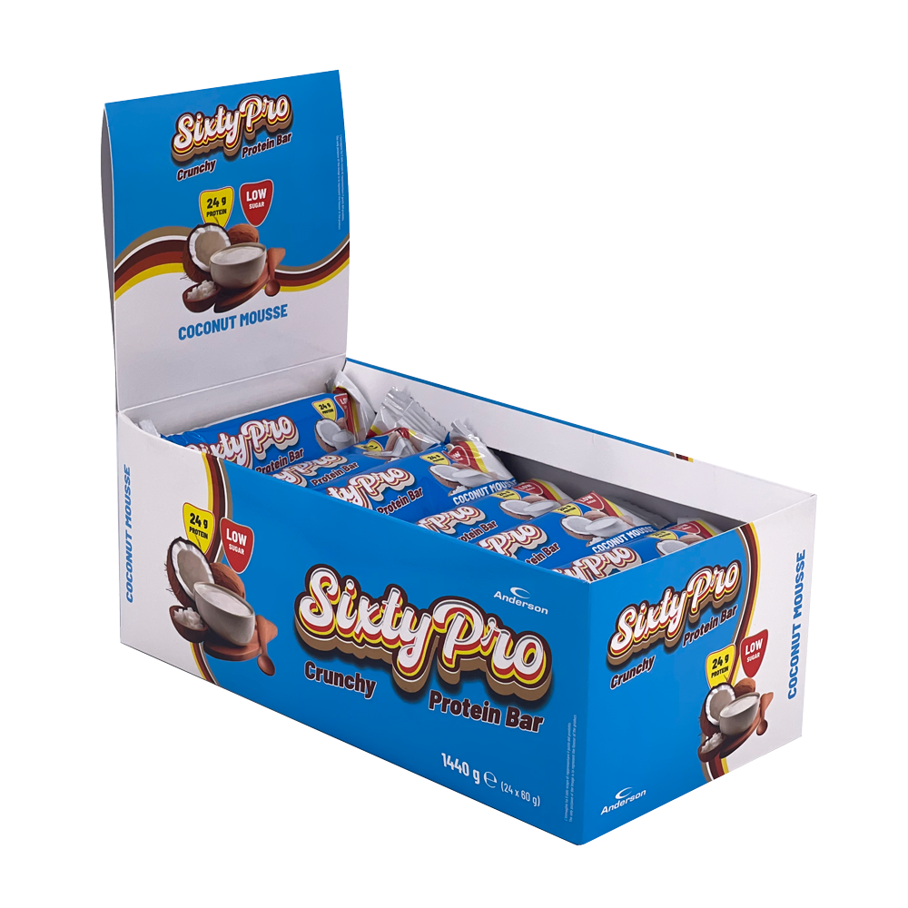 Espositore SixtyPro Coconut Mousse Anderson Research Espositore da banco contenente 24 barrette proteiche SixtyPro al gusto Coconut Mousse di Anderson Research.