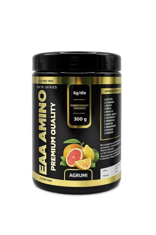 Integratore Aminoacidi Essenziali EAA Amino Gusto Agrumi DM Nutrition Barattolo nero di integratore EAA Amino gusto agrumi di DM Nutrition con grafica di agrumi freschi.