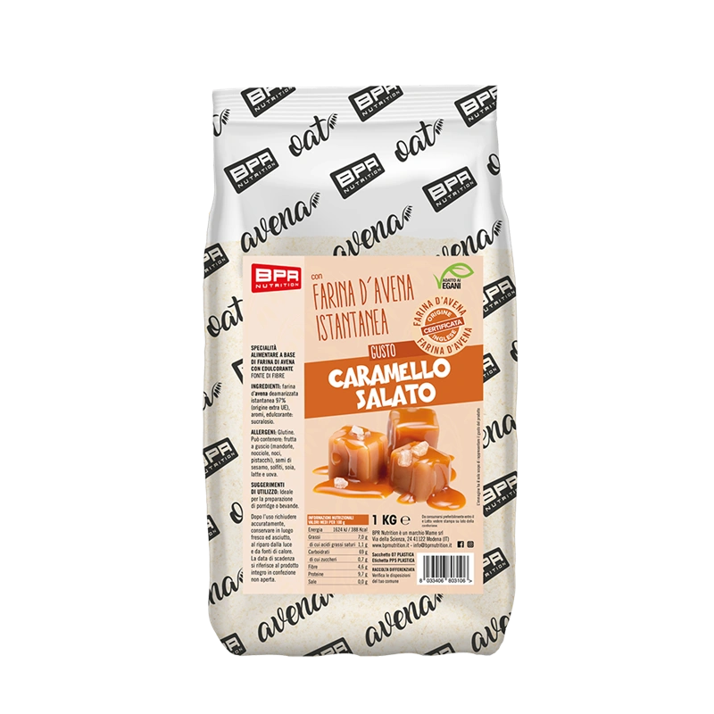 Farina di Avena Istantanea Gusto Caramello Salato BPR Nutrition Confezione da 1 kg di Farina di Avena al Caramello Salato BPR Nutrition con illustrazione di cubetti di caramello.