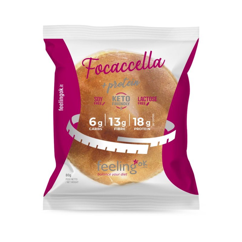 Focaccella Proteica Feeling Ok Confezione singola da 80 grammi di Focaccella proteica Feeling Ok su sfondo bianco.