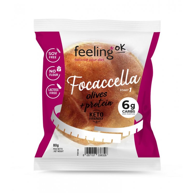 Focaccella proteica alle olive Feeling OK Confezione singola di Focaccella proteica alle olive Feeling OK da 80 grammi su sfondo bianco.