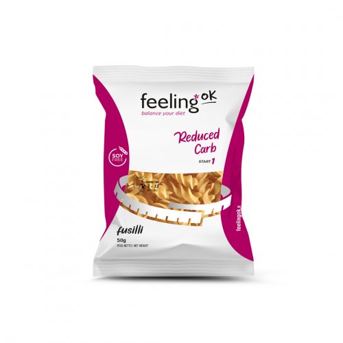 Pasta proteica Fusilli Start Feeling OK Confezione monoporzione da 50 grammi di pasta proteica Fusilli Start di Feeling OK su sfondo bianco.