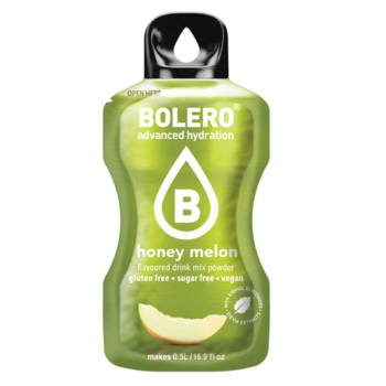 Bustina monodose di preparato per bevanda Bolero al gusto di melone su sfondo bianco.