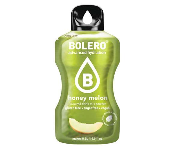 Bustina Bolero Drink gusto Honey Melon Bustina monodose di preparato per bevanda Bolero al gusto di melone su sfondo bianco.