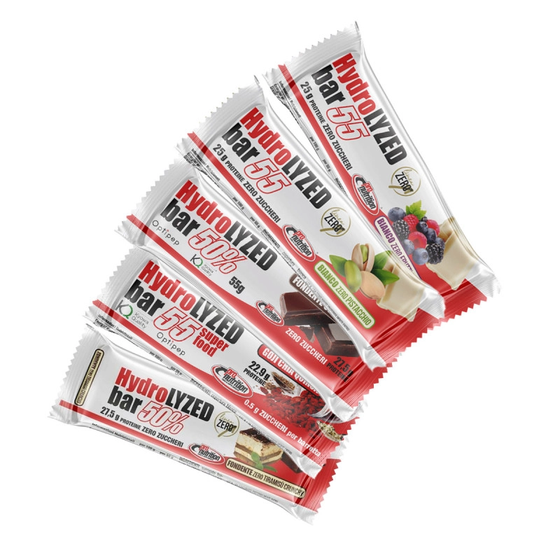 Barrette proteiche idrolizzate PRO Nutrition Una selezione di quattro barrette proteiche idrolizzate PRO Nutrition in vari gusti disposte a ventaglio.