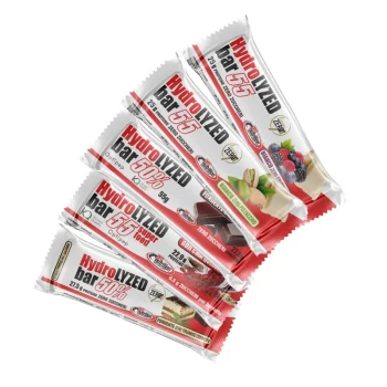 Una selezione di barrette proteiche idrolizzate Pro Nutrition in vari gusti disposte a ventaglio su sfondo bianco.