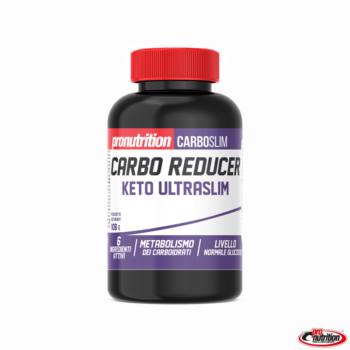 Flacone nero di integratore Carbo Reducer Keto Ultraslim con tappo rosso su sfondo bianco.