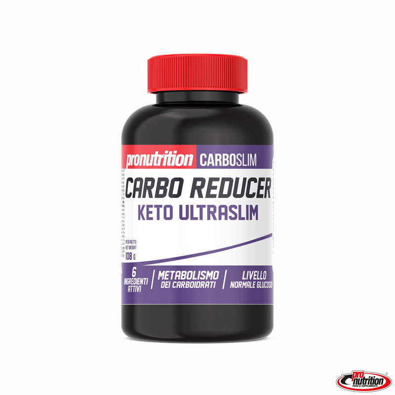 Integratore Carbo Reducer Keto Ultraslim Pro Nutrition Flacone nero di integratore Carbo Reducer Keto Ultraslim con tappo rosso su sfondo bianco.