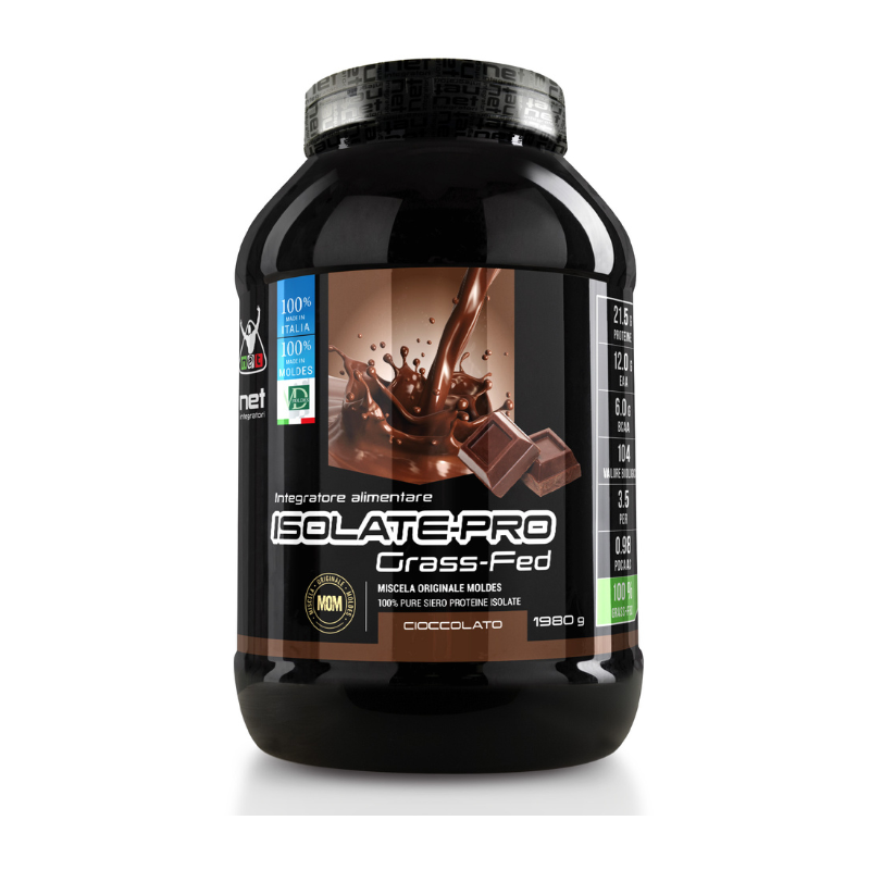Barattolo Isolate-Pro Grass-Fed gusto Cioccolato Net Integratori Barattolo nero da 1980g di proteine in polvere Isolate-Pro Grass-Fed al gusto cioccolato di Net Integratori.