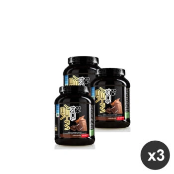 Tre barattoli di proteine idrolizzate VB Whey 104 9.8 al gusto cioccolato in formato mini.