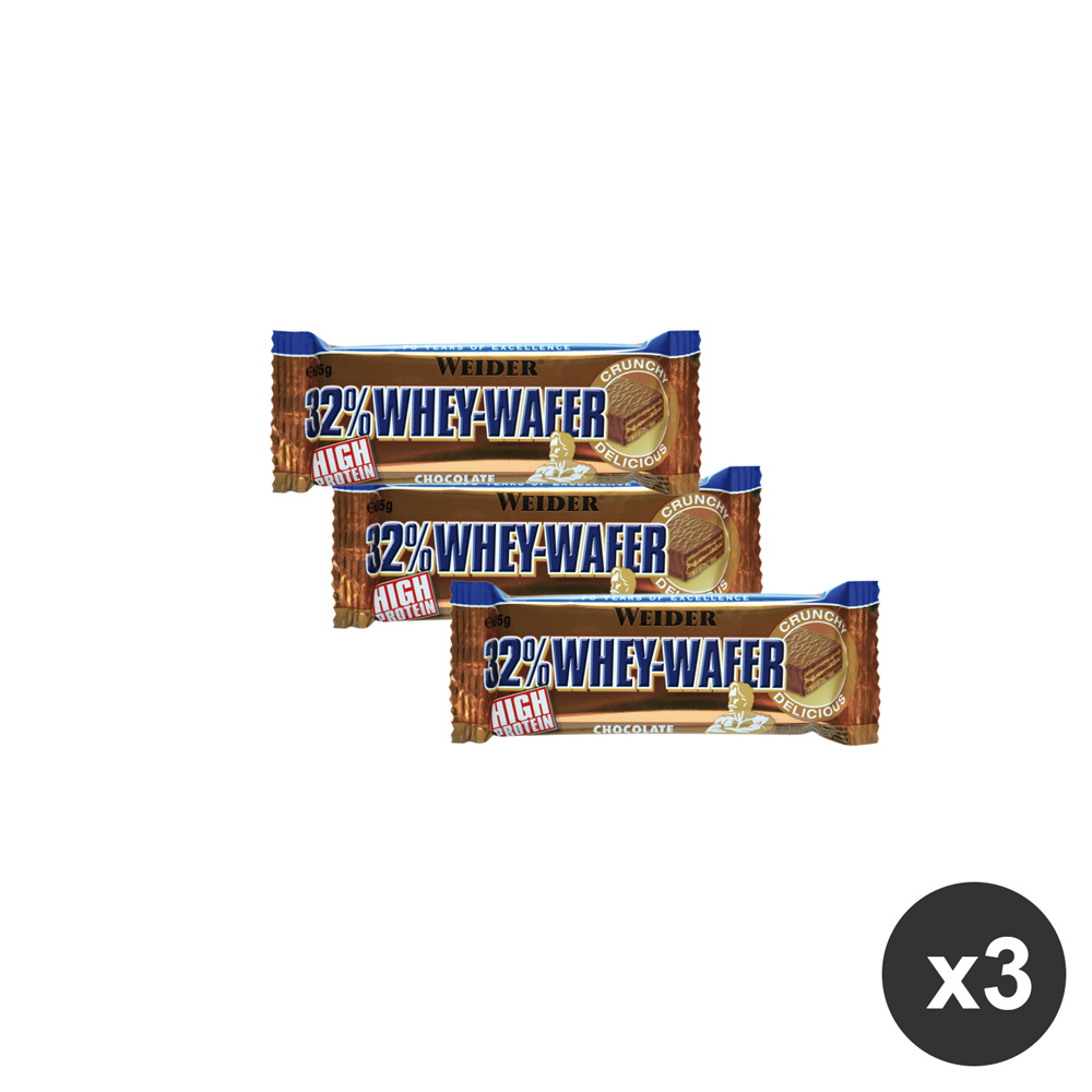 Kit di 3 barrette proteiche wafer al cioccolato Weider Tre barrette proteiche Weider al gusto cioccolato disposte in diagonale con un'icona x3 in basso a destra.