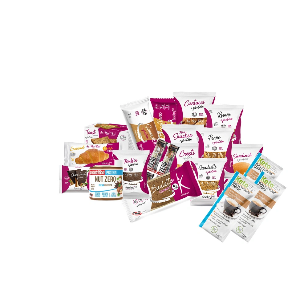Kit risparmio per dieta chetogenica Dm Nutrition Assortimento di prodotti alimentari confezionati per dieta chetogenica, inclusi snack, creme e caffè in bustine.