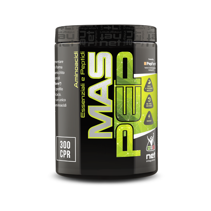 Mas Pep Integratore di Aminoacidi Essenziali Net Integratori Barattolo di integratore Mas Pep di Net Integratori contenente 300 compresse di aminoacidi essenziali e peptidi.