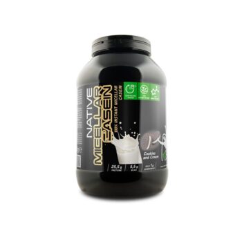 Barattolo di Native Micellar Casein NET Integratori al gusto Cookies and Cream su sfondo bianco.
