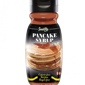 Flacone di sciroppo per pancake Servivita con etichetta nera, raffigurante una pila di pancake con topping.