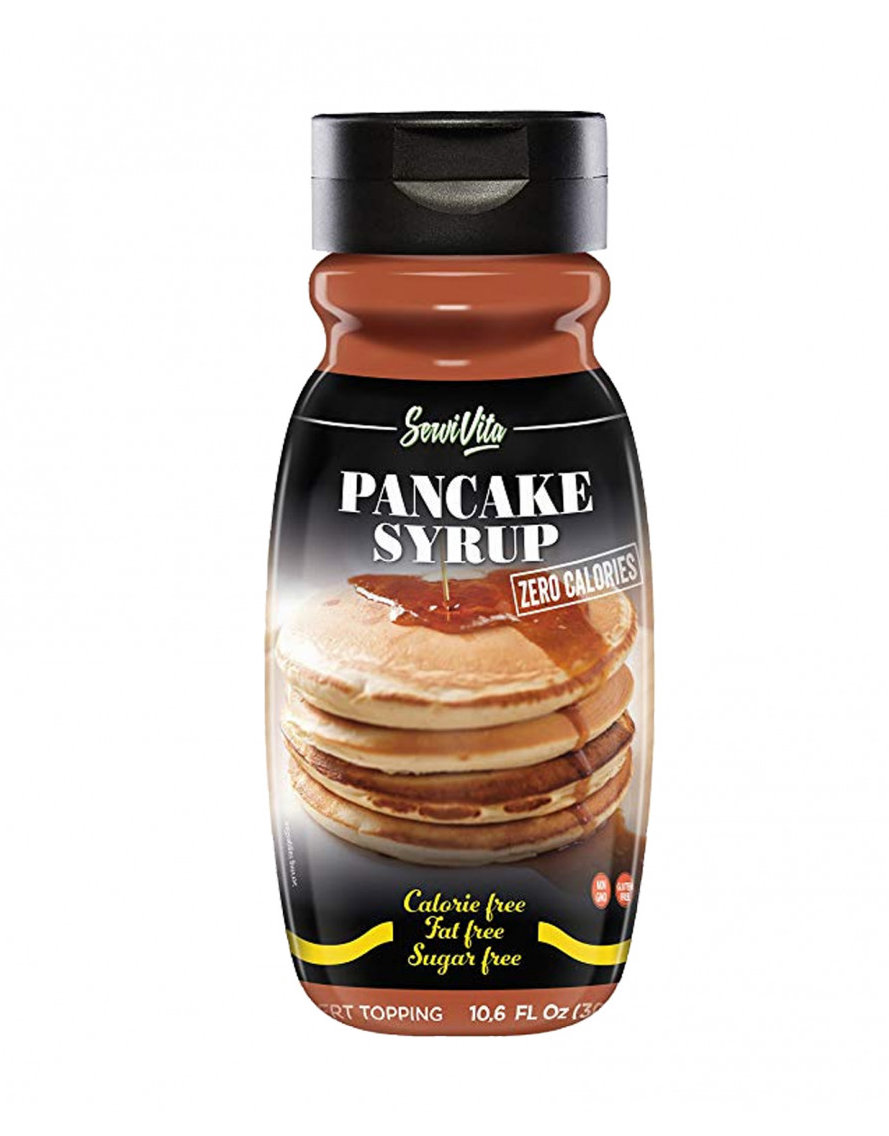 Sciroppo per pancake Servivita zero calorie Flacone di sciroppo per pancake Servivita con etichetta nera, raffigurante una pila di pancake con topping.
