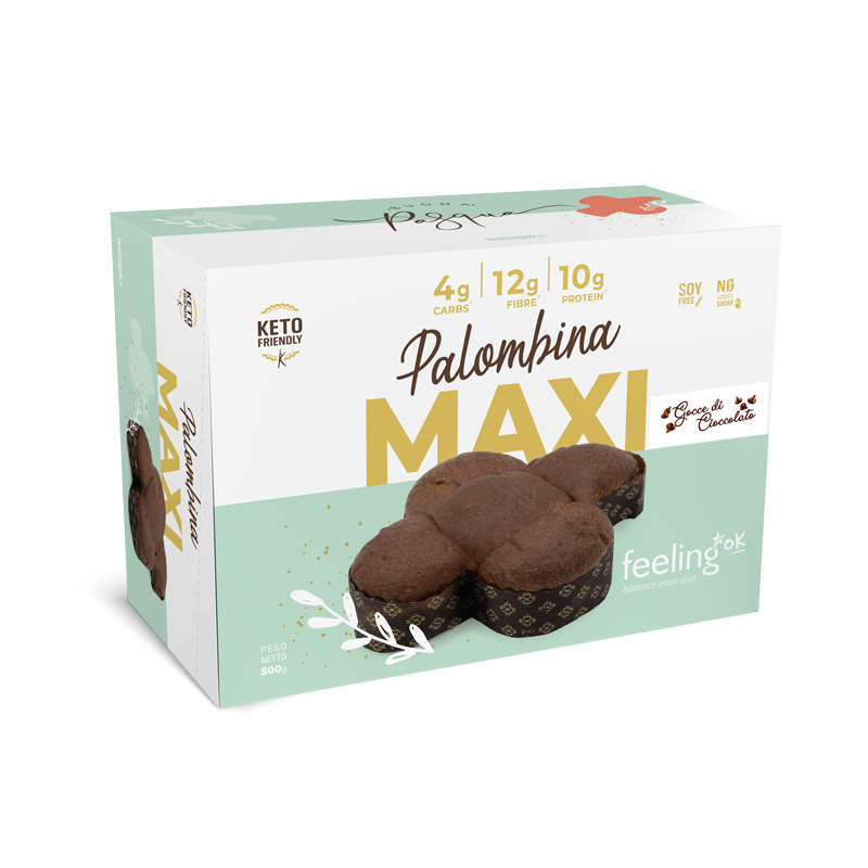 Palombina Maxi FeelingOk con Gocce di Cioccolato Confezione da 500g di Palombina Maxi FeelingOk al cioccolato, un dolce proteico keto friendly in formato grande.