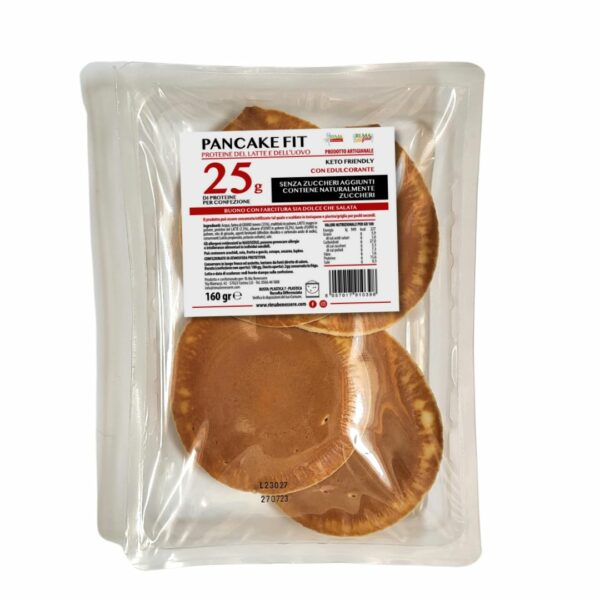 Pancake Fit Proteici Ri.Ma Benessere Confezione sigillata di pancake proteici pronti all'uso su sfondo bianco.