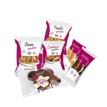Selezione di prodotti proteici Feeling Ok inclusi nel Kit Pasquale Chetogenico di Dm Nutrition.