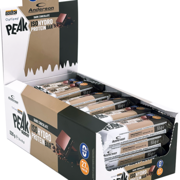 Confezione espositore aperta contenente 24 barrette proteiche Peak Crunchy al gusto cioccolato fondente.