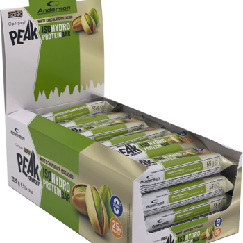 Espositore con 24 barrette proteiche Peak al gusto cioccolato bianco e pistacchio su sfondo bianco.