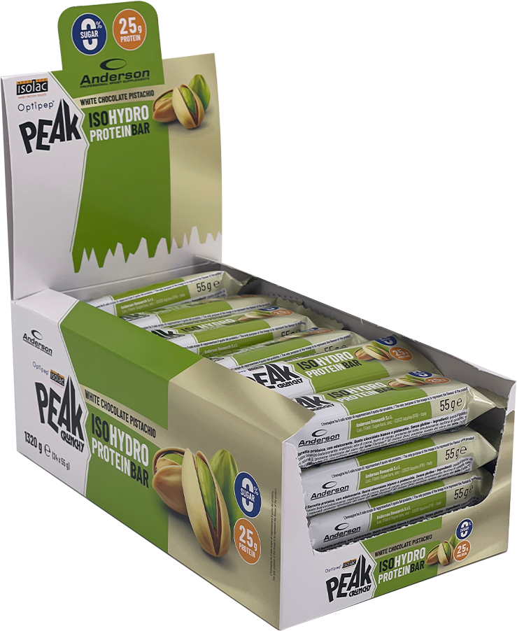 Box 24 barrette Peak IsoHydro Protein al gusto Cioccolato Bianco e Pistacchio Espositore con 24 barrette proteiche Peak al gusto cioccolato bianco e pistacchio su sfondo bianco.
