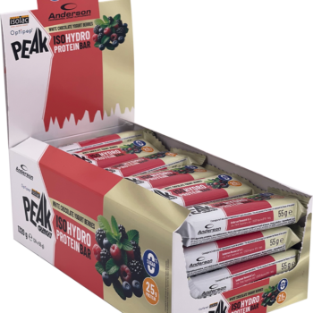 Espositore da banco contenente 24 barrette proteiche Peak al gusto cioccolato bianco e frutti rossi.