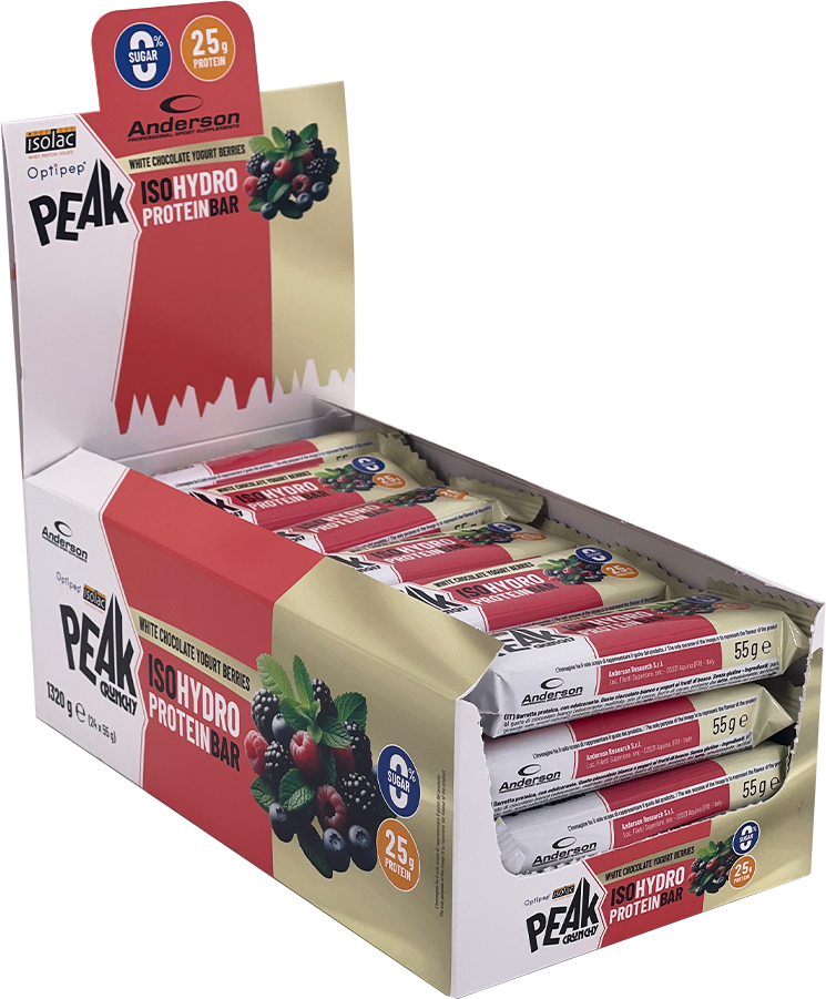 Confezione da 24 barrette proteiche Peak gusto Cioccolato Bianco e Frutti Rossi Espositore da banco contenente 24 barrette proteiche Peak al gusto cioccolato bianco e frutti rossi.