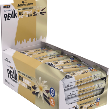 Confezione espositore aperta contenente 24 barrette proteiche Peak Crunchy al gusto cioccolato bianco e vaniglia.