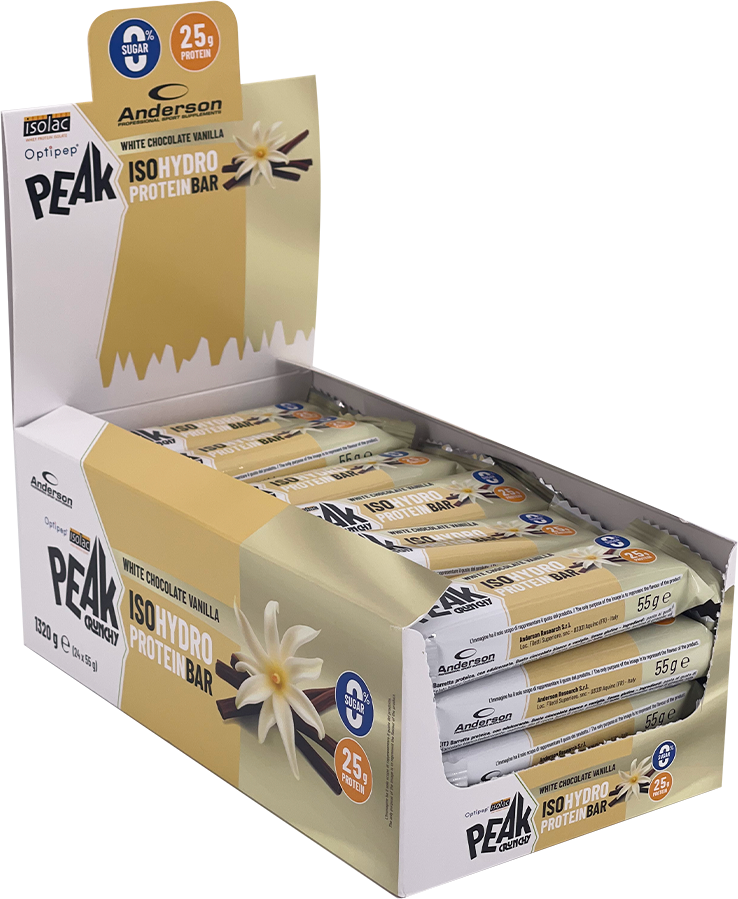 Box da 24 barrette Peak Crunchy gusto cioccolato bianco e vaniglia Confezione espositore aperta contenente 24 barrette proteiche Peak Crunchy al gusto cioccolato bianco e vaniglia.