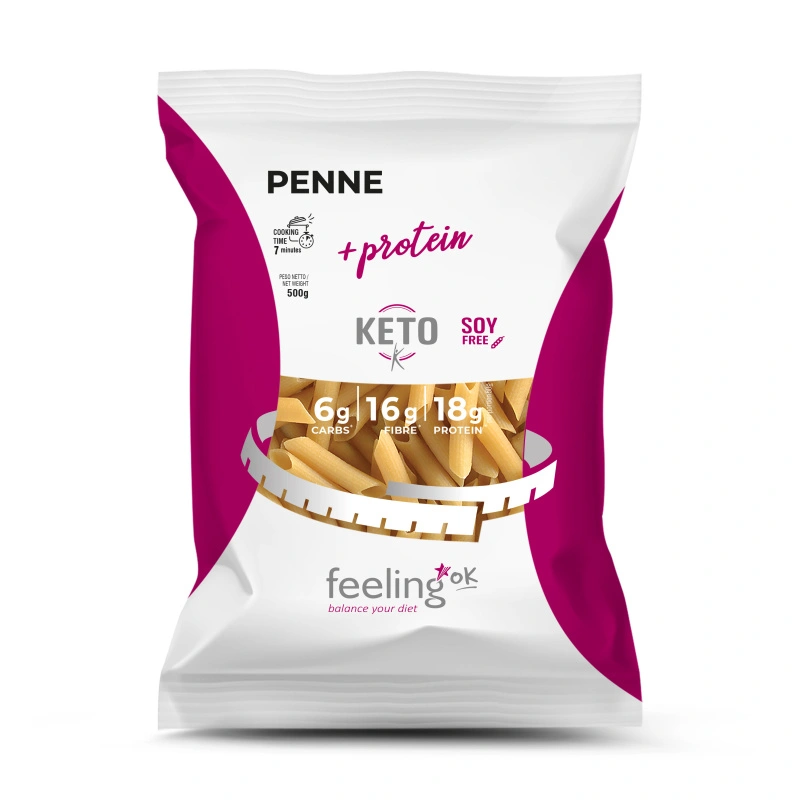 Confezione di Penne Start Feeling OK Confezione da 500g di pasta proteica Penne Start Feeling OK con indicazioni nutrizionali in evidenza.