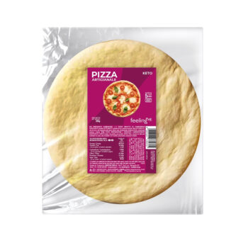 Base per pizza artigianale keto confezionata sottovuoto con etichetta informativa Feeling Ok.