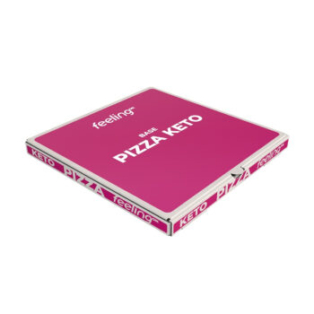 Scatola quadrata di colore fucsia con il marchio Feeling OK e la scritta Base Pizza Keto su sfondo bianco.