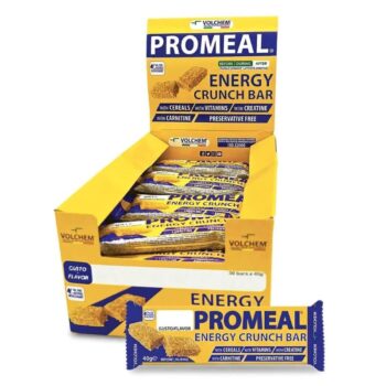 Espositore da banco contenente barrette energetiche Promeal Energy Crunch di Volchem con una barretta in primo piano.