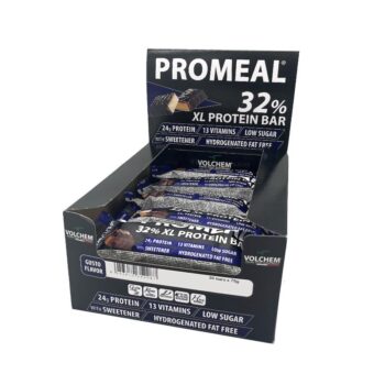 Espositore da banco contenente barrette proteiche Promeal XL 32% al gusto nocciola con rivestimento al cioccolato.