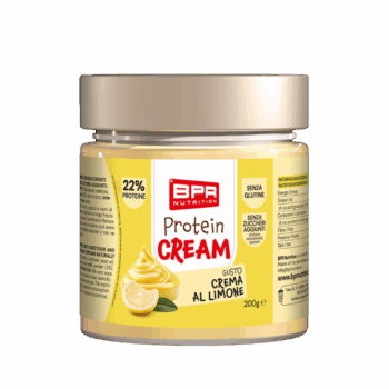 Barattolo di crema spalmabile proteica al gusto limone BPR Nutrition con etichetta gialla e immagine di una fetta di limone.