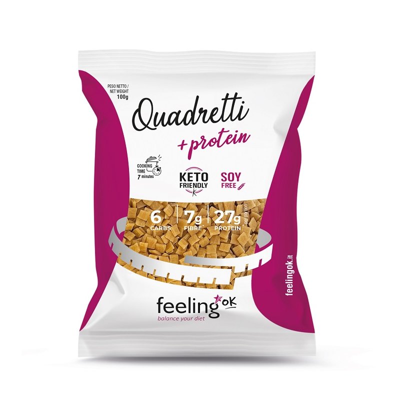 Quadretti Proteici FeelingOk per Dieta Chetogenica Confezione da 100 grammi di Quadretti Proteici FeelingOk con indicazioni nutrizionali su sfondo bianco.
