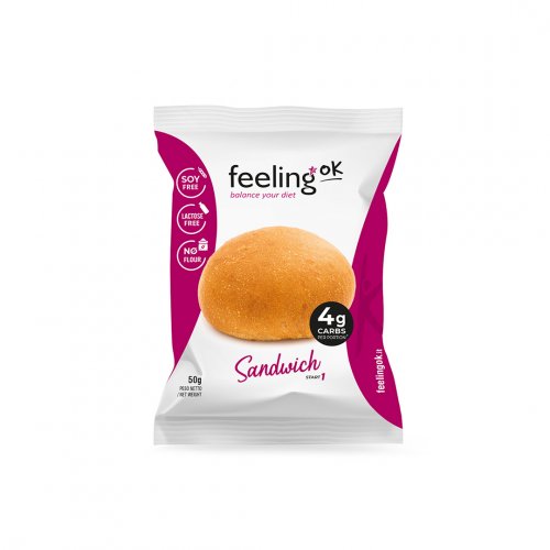 Panino proteico Sandwich Start Feeling OK Confezione singola di panino proteico Sandwich Start Feeling OK da 50 grammi su sfondo bianco.