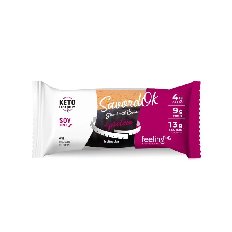 SavordOk Glassato al Cacao Feeling Ok Confezione singola di SavordOk Glassato al Cacao, uno snack proteico keto friendly da 43 grammi.