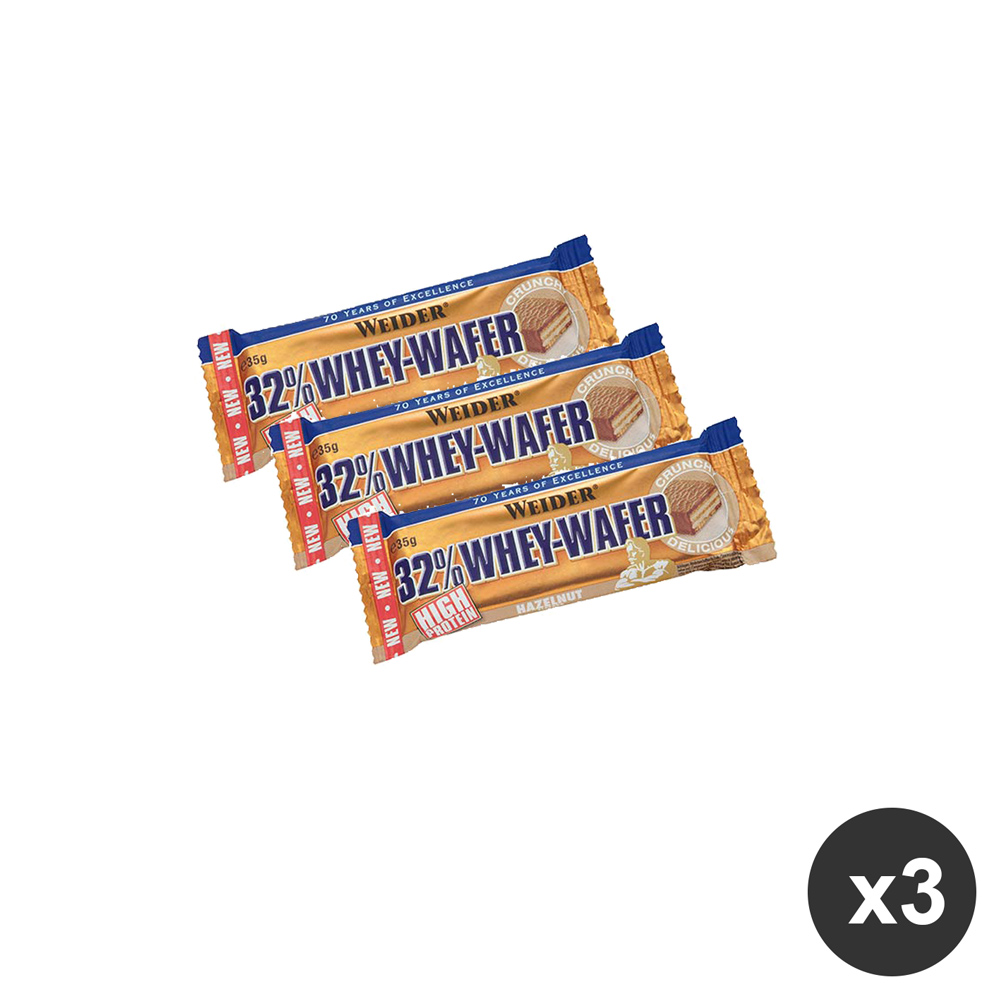 Set di 3 barrette proteiche Weider al gusto nocciola Tre barrette proteiche Weider al gusto nocciola disposte in diagonale su sfondo bianco con icona x3 in basso a destra.