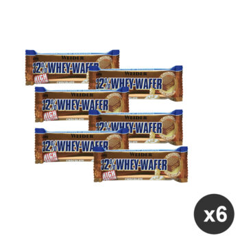 Sei barrette proteiche Weider al gusto cioccolato disposte in gruppo su sfondo bianco con un cerchio x6 in basso a destra.