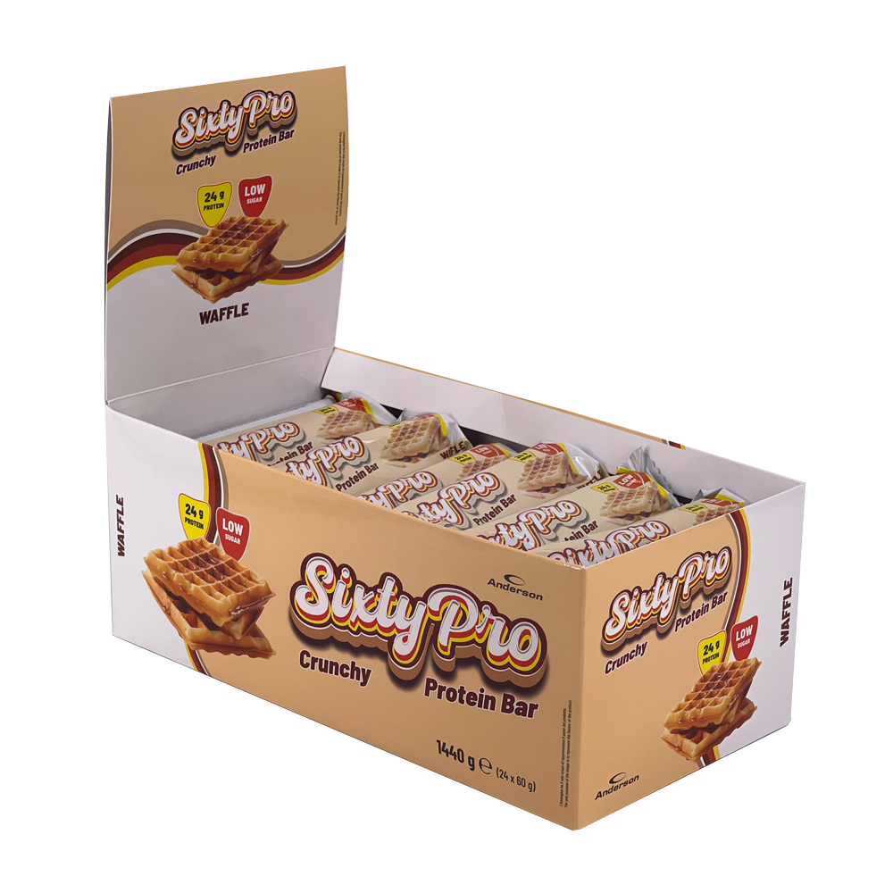 Box di 24 barrette proteiche SixtyPro gusto Waffle Confezione espositore aperta contenente 24 barrette proteiche SixtyPro al gusto waffle di Anderson Research.