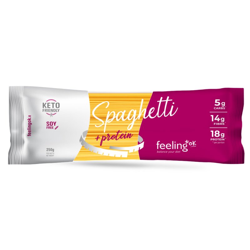 Spaghetti Proteici Feeling Ok 250g Confezione di Spaghetti +Protein Feeling Ok da 250g con indicazioni nutrizionali su sfondo bianco.