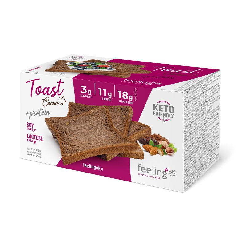 Toast proteico al cacao Feeling Ok Confezione di toast proteici al cacao Feeling Ok con fette biscottate scure in primo piano.