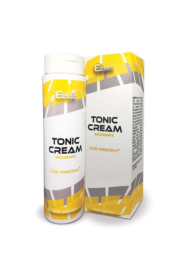 Crema corpo rassodante Tonic Cream Esfdea Flacone e confezione di Tonic Cream rassodante con Vanistryl di Esfdea su sfondo bianco.