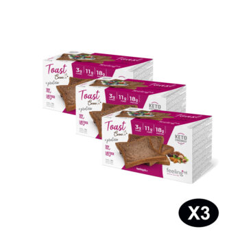 Tre confezioni di toast proteici al cacao Feeling OK disposte in fila con un'icona X3 in basso a destra.