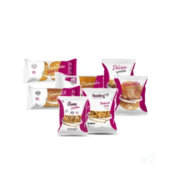 Selezione di prodotti alimentari proteici e a basso contenuto di carboidrati del marchio Feeling Ok per dieta chetogenica.