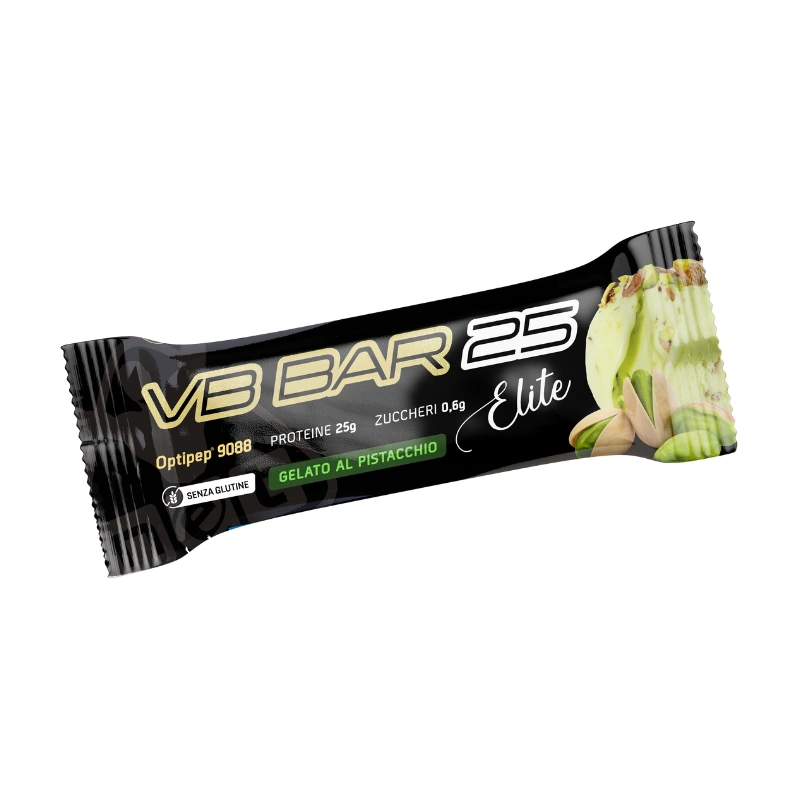 Barretta proteica VB BAR 25 Elite gusto gelato al pistacchio Confezione singola di barretta proteica VB BAR 25 Elite al gusto gelato al pistacchio su sfondo bianco.