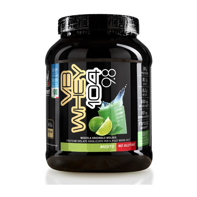 VB Whey 104 9.8 Mojito 450 g Barattolo di VB Whey 104 9.8 gusto Mojito, integratore di proteine isolate idrolizzate da 450 grammi.