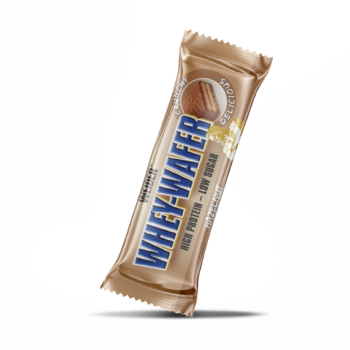 Barretta proteica Weider Whey Wafer al gusto nocciola in confezione singola color bronzo.